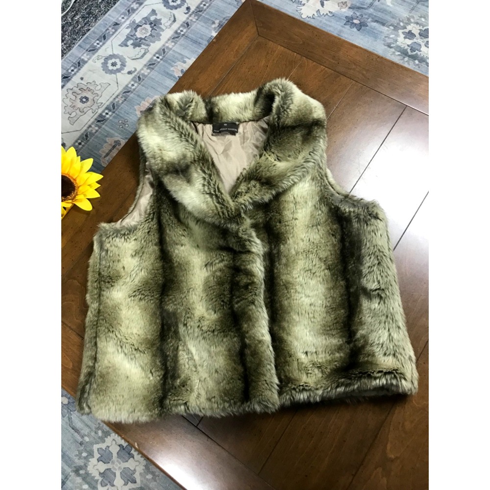 CASHMERE blend Fenn Wright Manson Faux Fur Collared Brown Black Large Vest